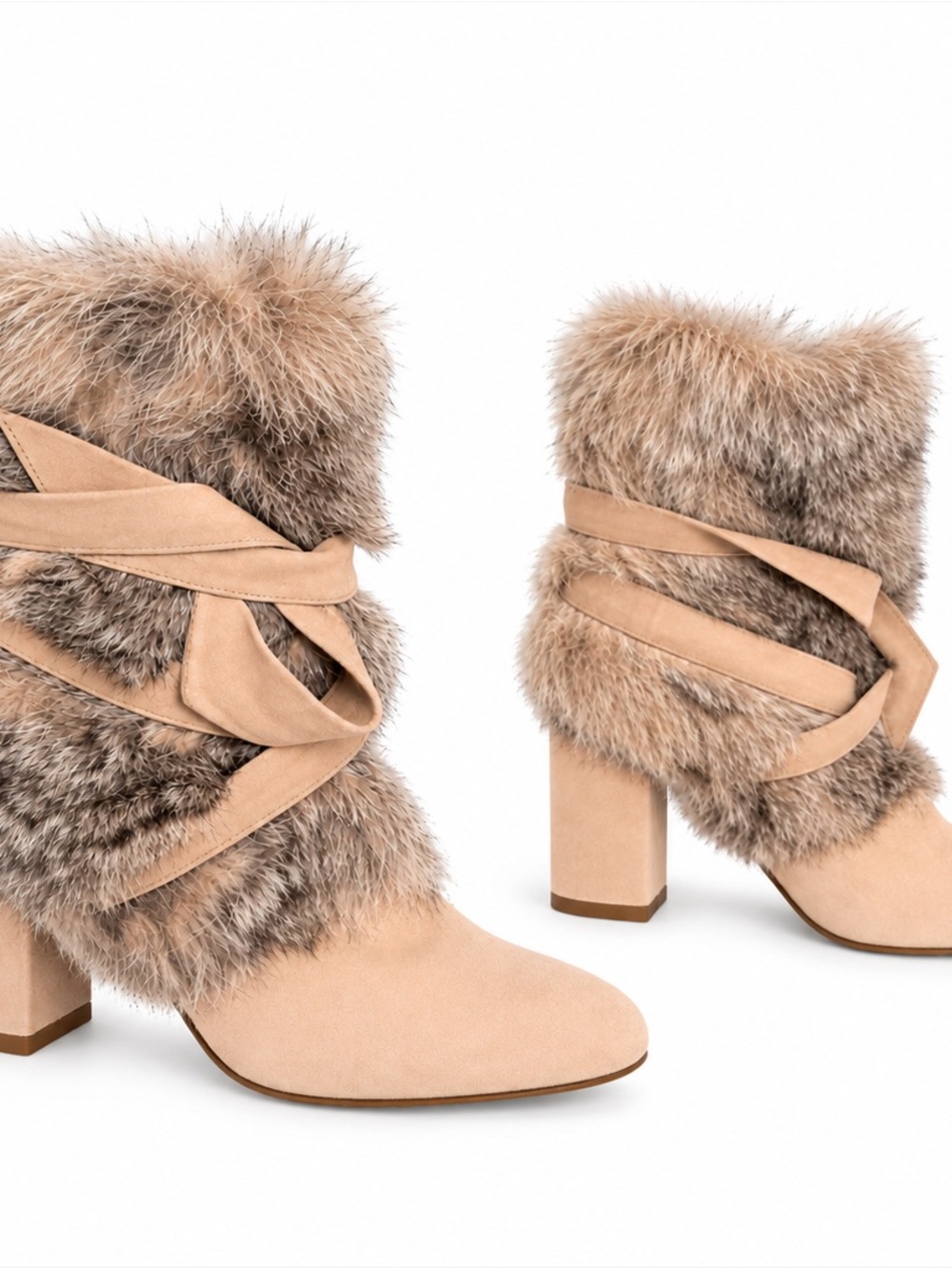 Alexandre Birman Lora Rabbit Fur Block Heel Boots Blush Sz 35.5